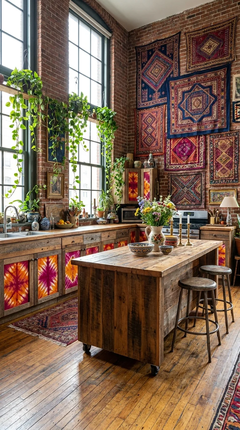 Boho kitchen with tapestries, reclaimed wood island, and hanging green plants