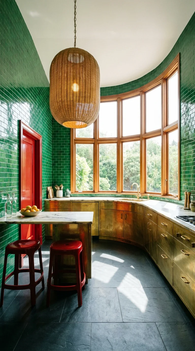 Emerald green tiled kitchen with brass cabinetry and a red painted door