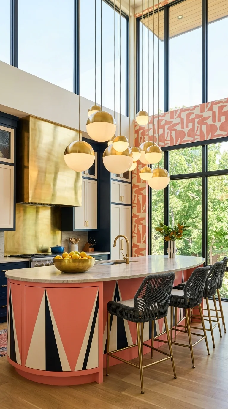 Navy and coral kitchen island with geometric pattern and brass globe pendants