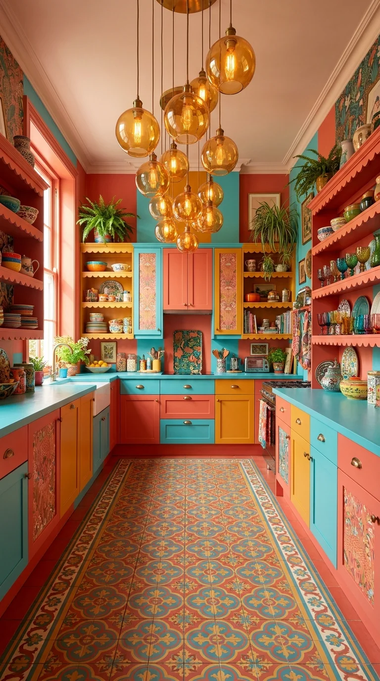 Coral, teal, and mustard kitchen with scalloped shelving and patterned tile floor