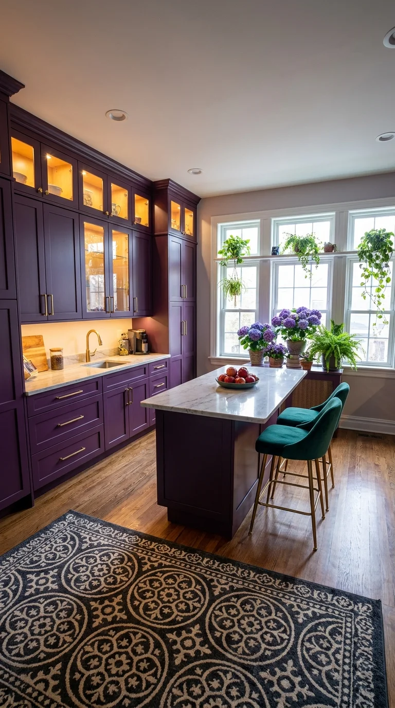 Deep purple kitchen cabinets with glass display doors and teal velvet stools