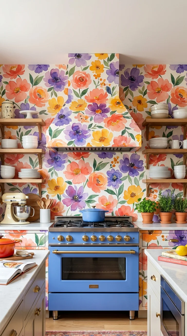 Blue range against oversized watercolor floral wallpaper in an open shelf kitchen