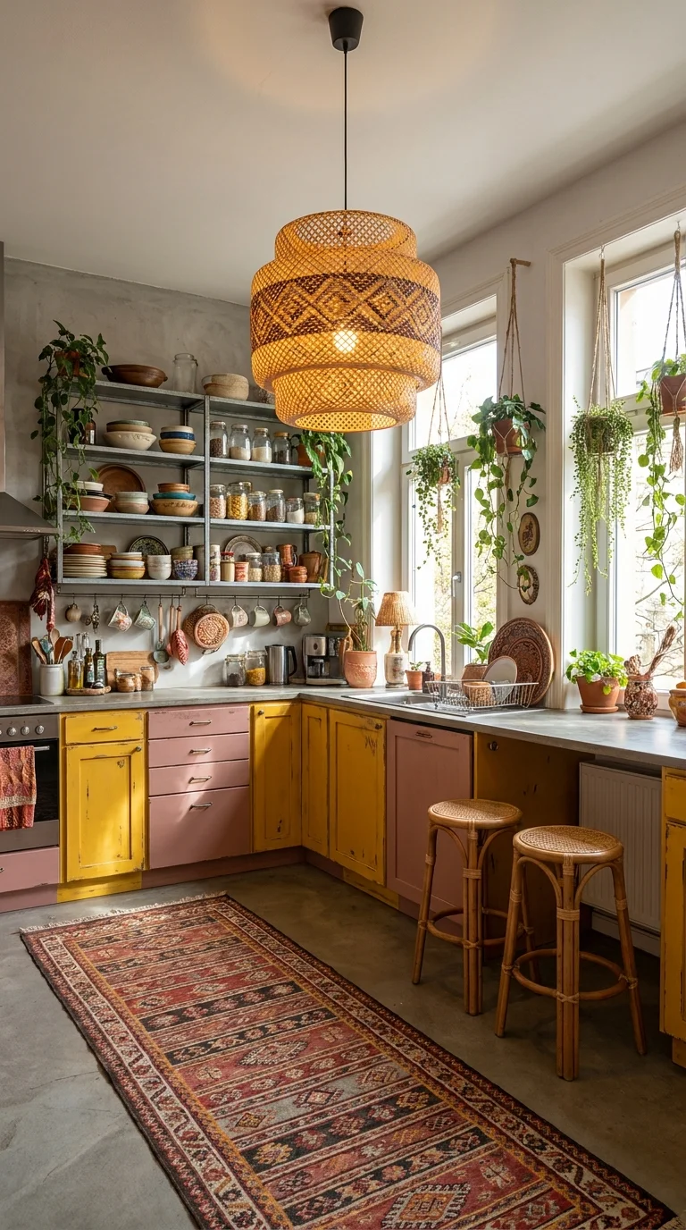 Distressed mustard and pink kitchen cabinets with a woven rattan pendant light