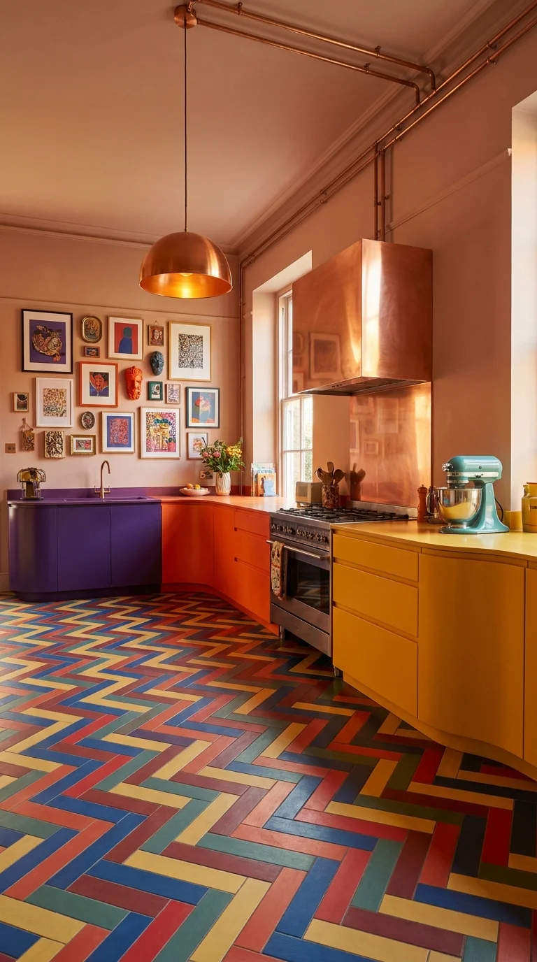 Rainbow herringbone tile floor kitchen with copper range hood and mixed cabinet colors
