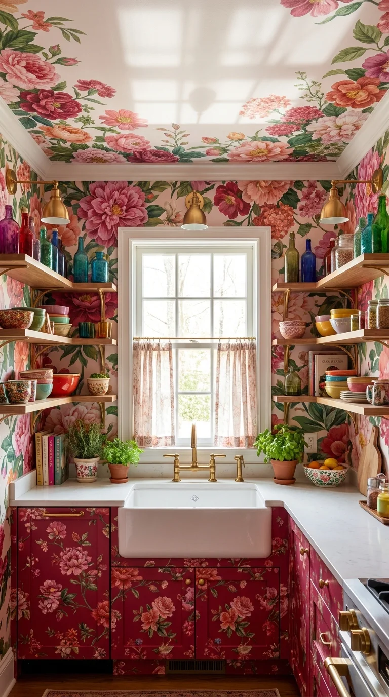 Pink floral wallpaper covering the walls and ceiling of a cottage kitchen