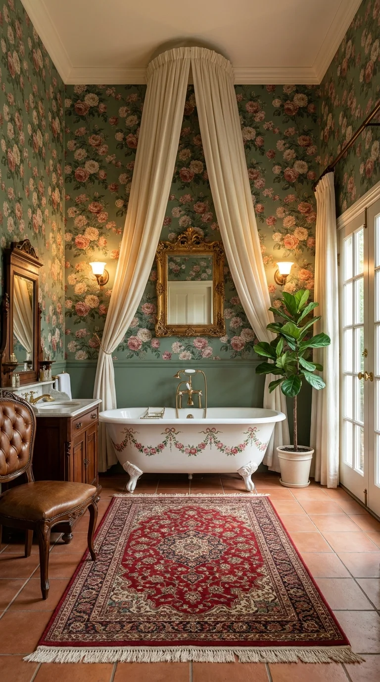 Green floral Victorian bathroom with canopy tub curtain and gold mirror