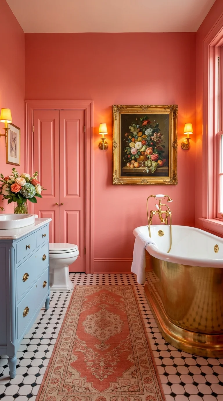Coral pink Victorian bathroom with brass clawfoot tub and blue vanity