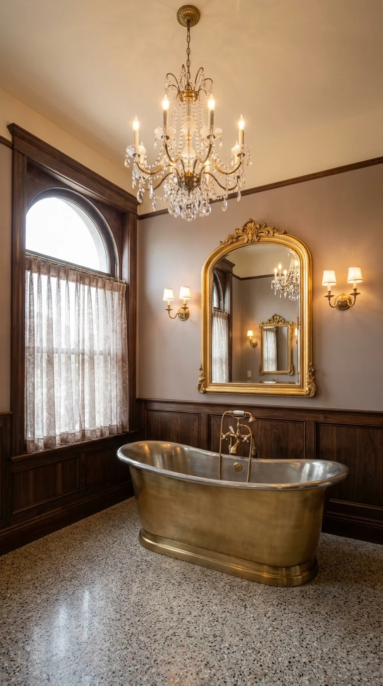 Neutral Victorian bathroom with brass tub and gold arched mirror