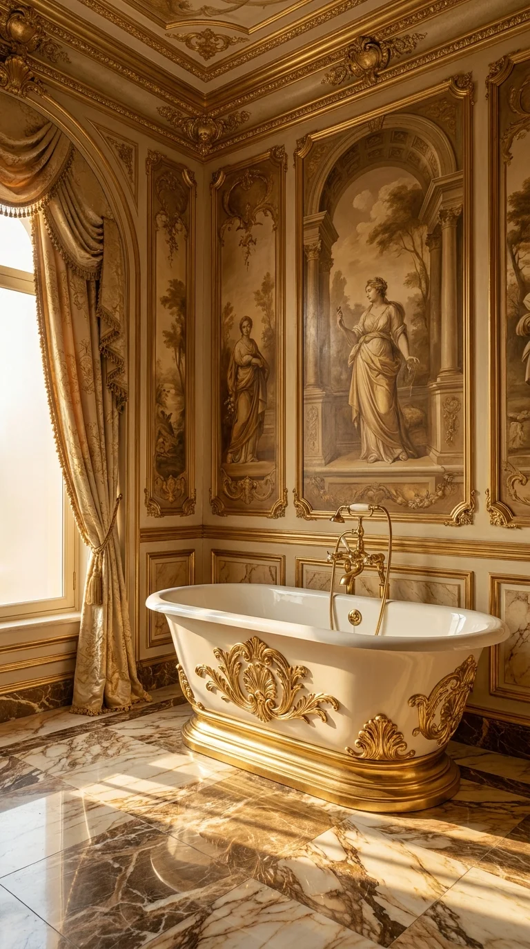 Gilded marble Victorian bathroom with rococo wall panels and ornate tub