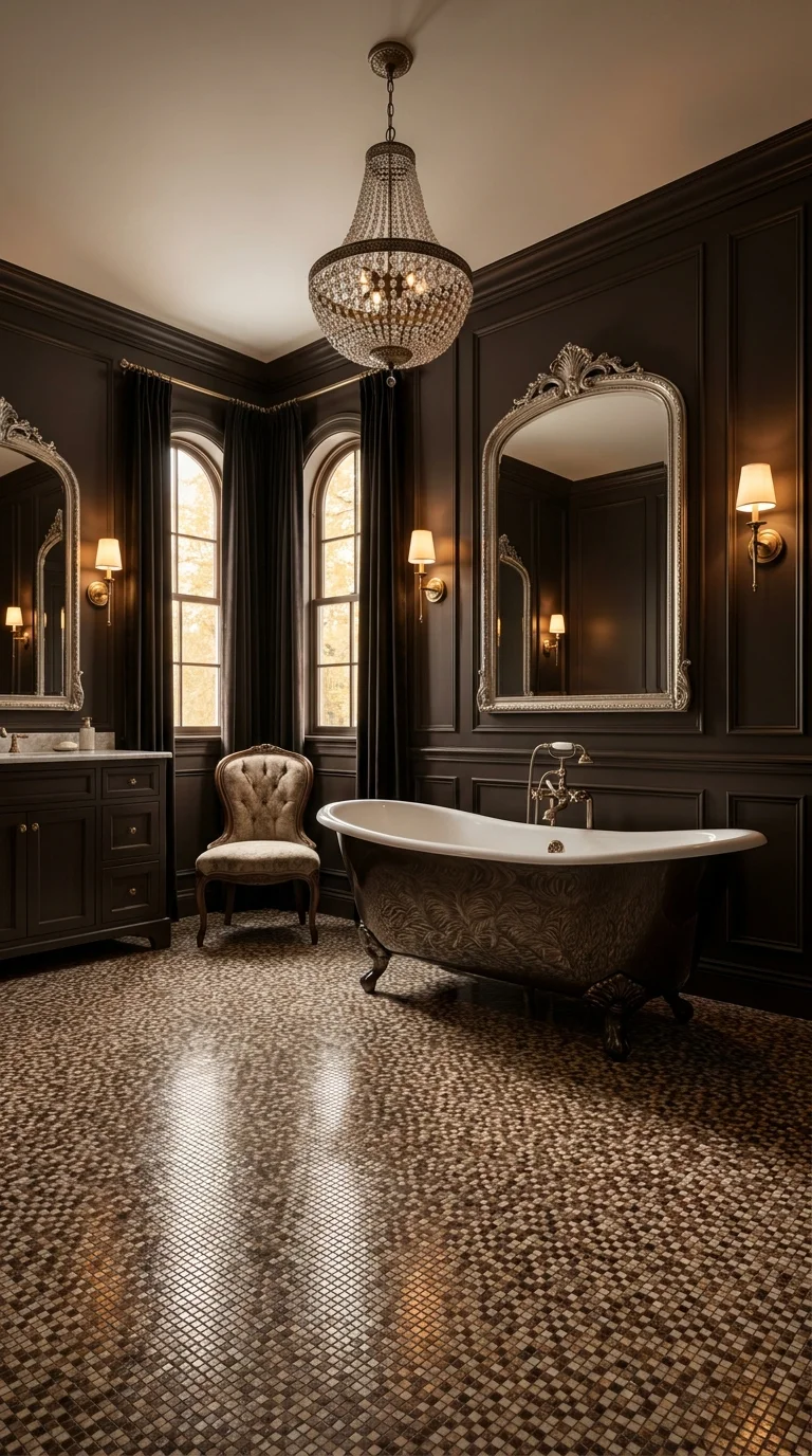 Dark charcoal Victorian bathroom with crystal chandelier and cast-iron tub