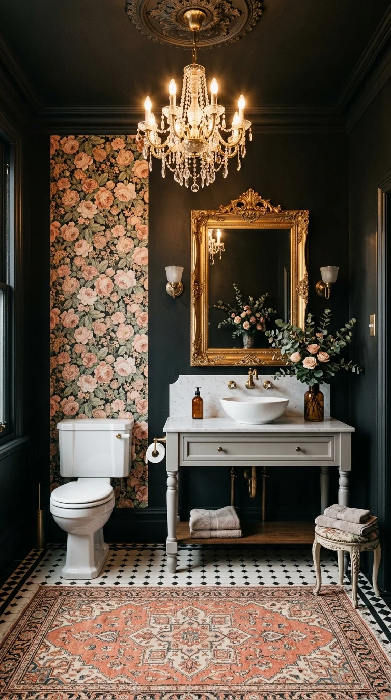 Black Victorian powder room with floral wallpaper accent and gold mirror