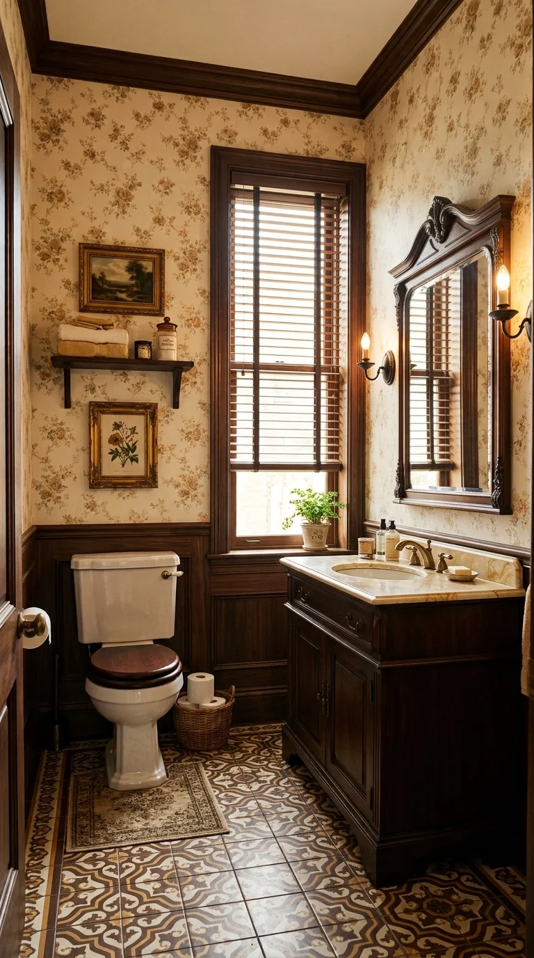 Cozy cottage-style Victorian powder room with dark wood and floral wallpaper