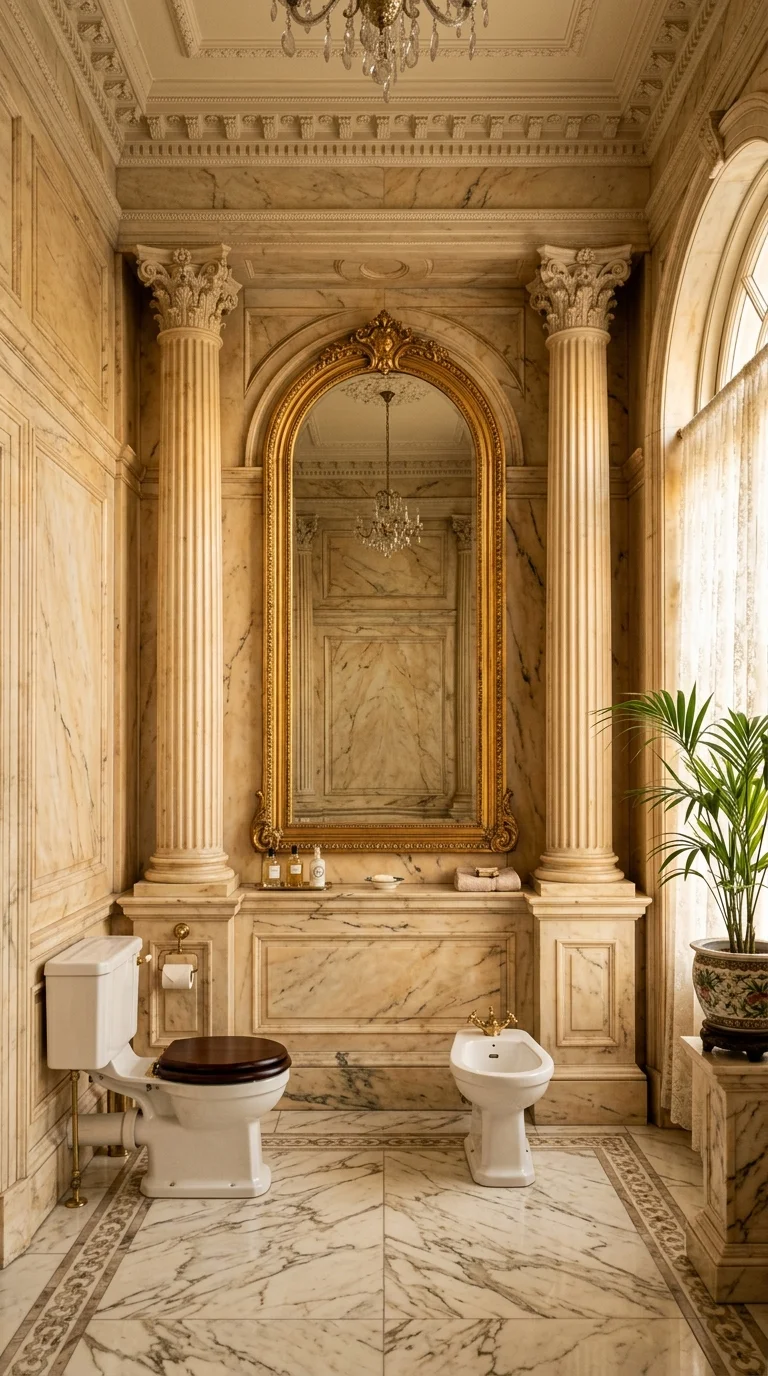 Neoclassical marble Victorian bathroom with Corinthian columns and gold mirror