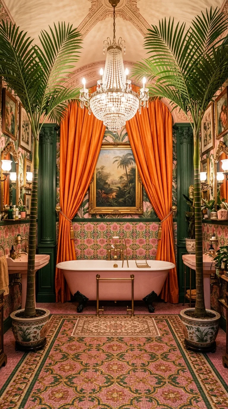Tropical Victorian bathroom with palm trees and orange silk curtains