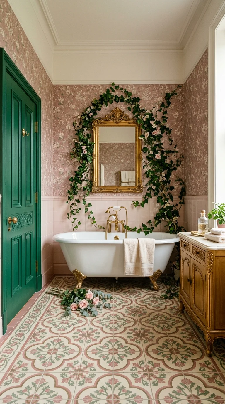 Pink floral Victorian bathroom with ivy-wrapped mirror and green door