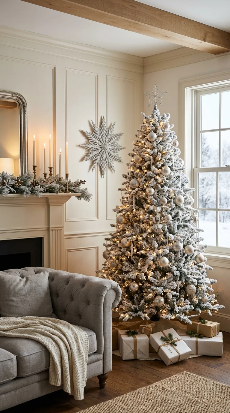 A flocked Christmas tree glows beside a tufted grey sofa and fireplace