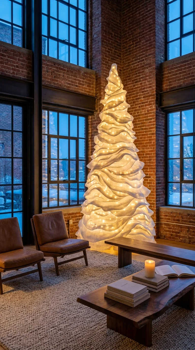 Sculptural white Christmas tree glowing inside a brick-walled industrial loft