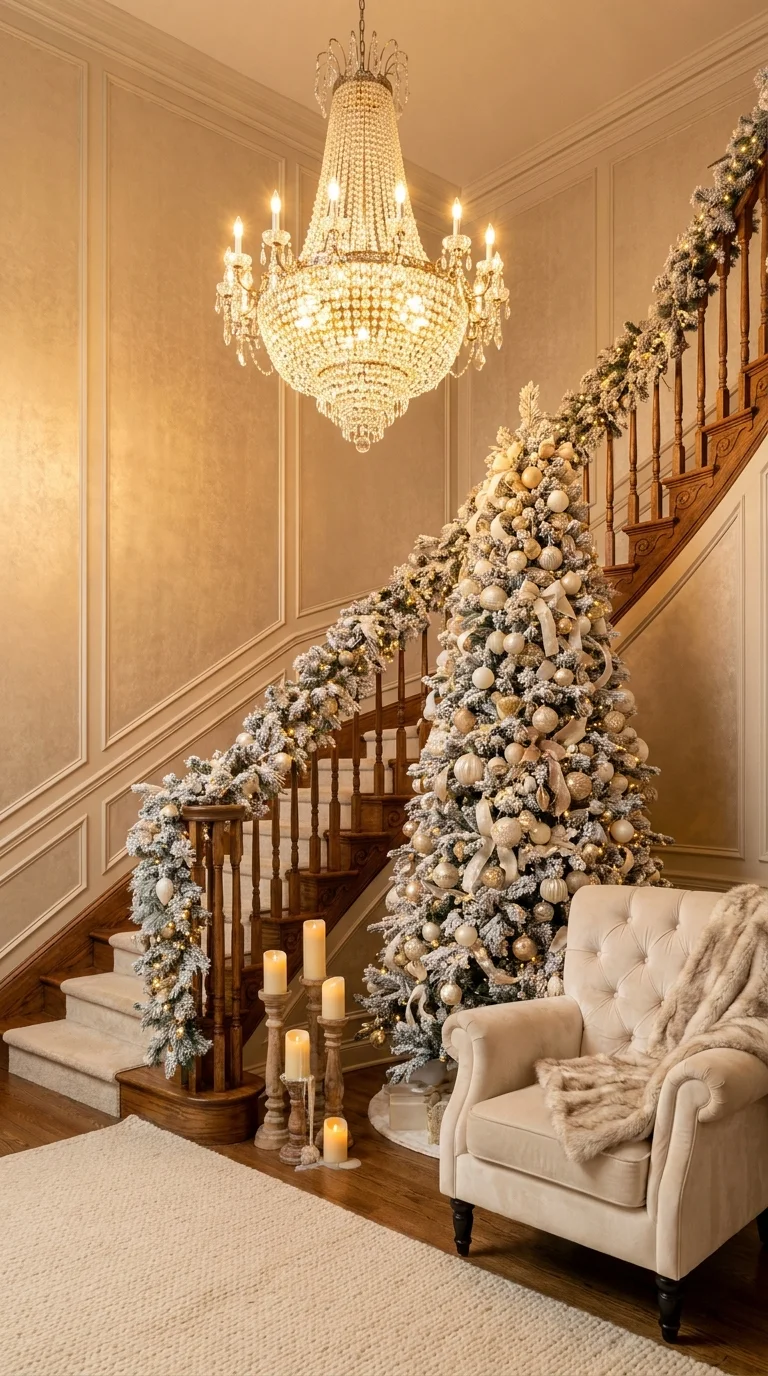 Garland-wrapped Christmas tree cascading down a staircase under a chandelier