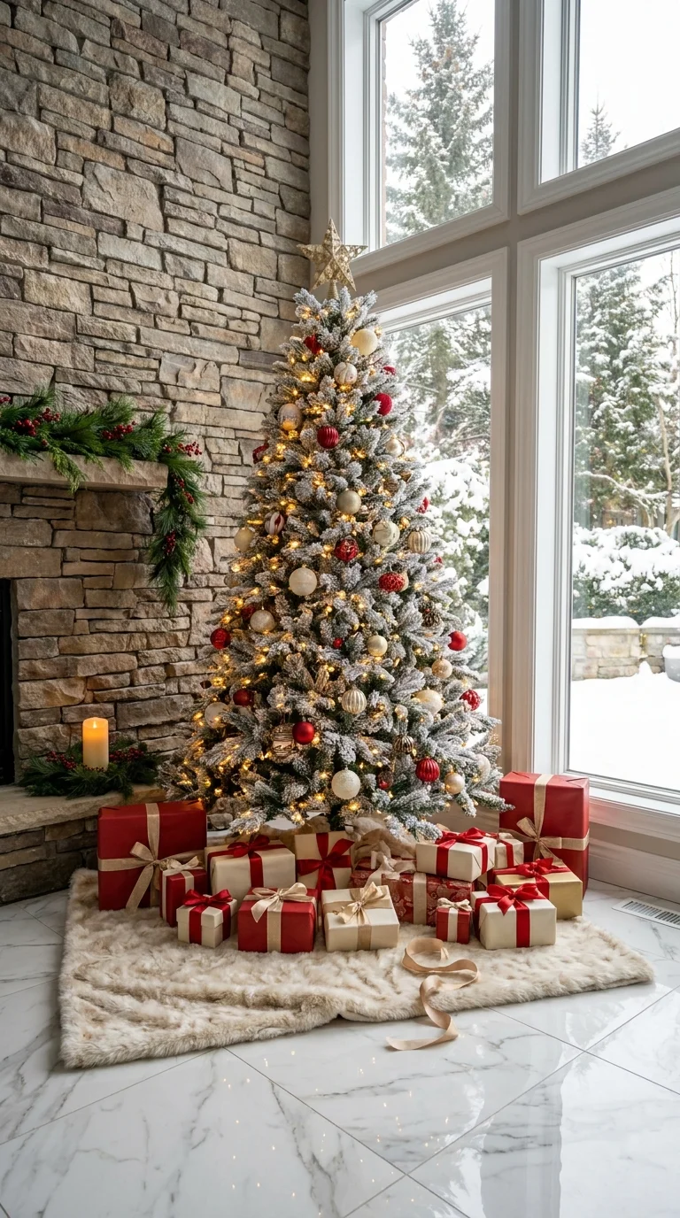 Traditional red and gold Christmas tree beside a stacked stone fireplace