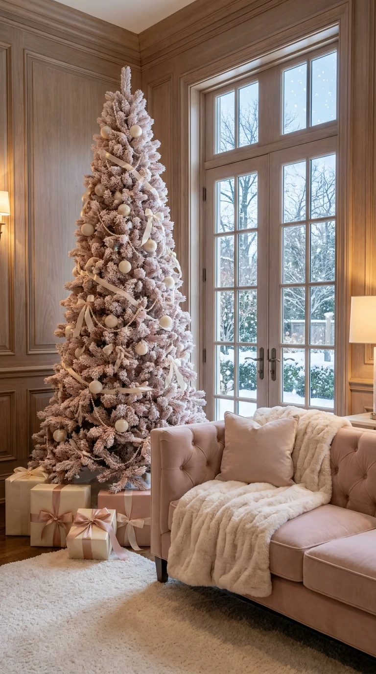 Blush pink flocked Christmas tree beside a tufted velvet sofa