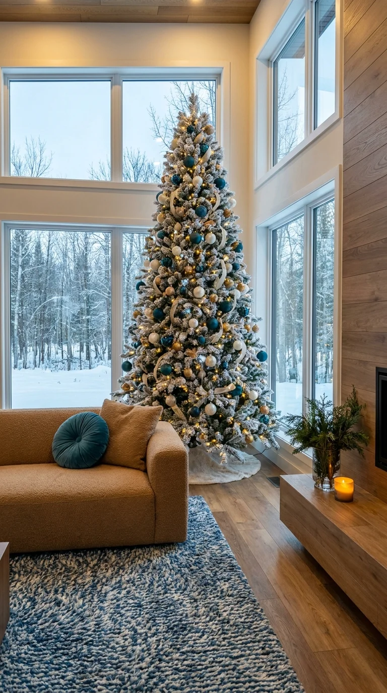 Teal and gold ornaments on a lightly flocked tree by snowy windows