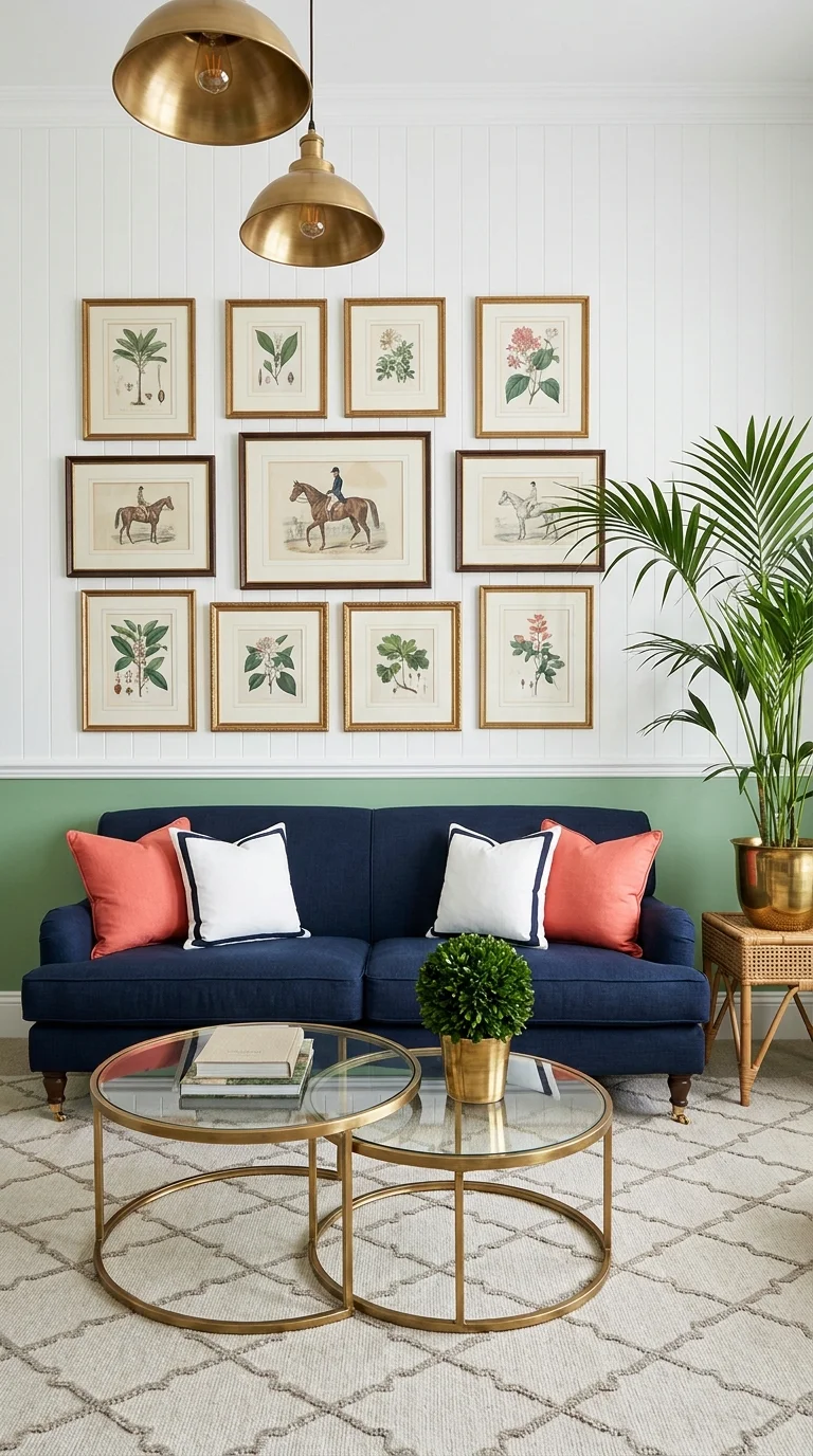 Preppy living room with navy sofa, coral pillows, and a gold-framed equestrian and botanical gallery wall against a two-tone green and white paneled wall