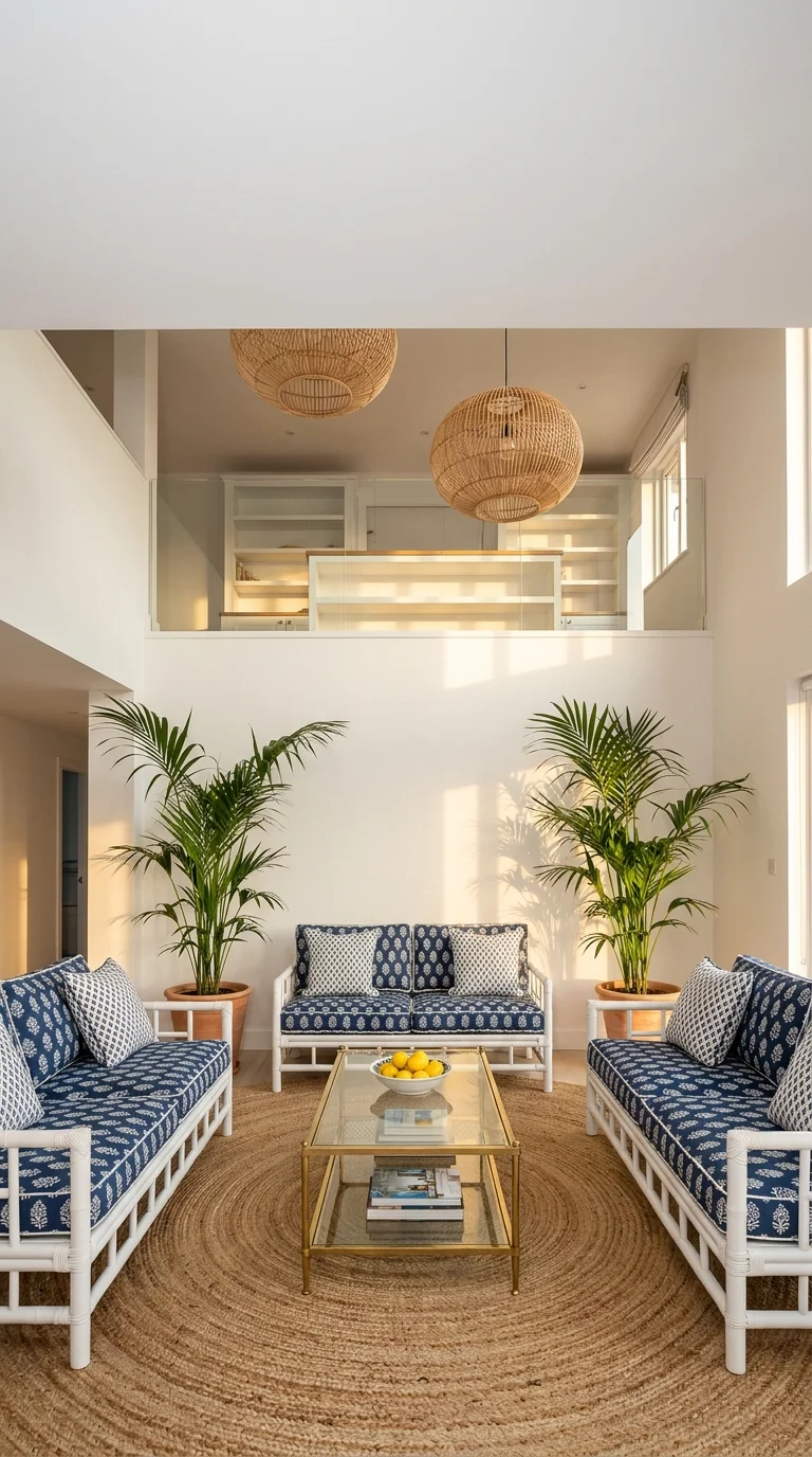 Coastal preppy living room with white rattan sofas, navy block-print cushions, woven pendant lights, and a jute rug in a bright double-height space