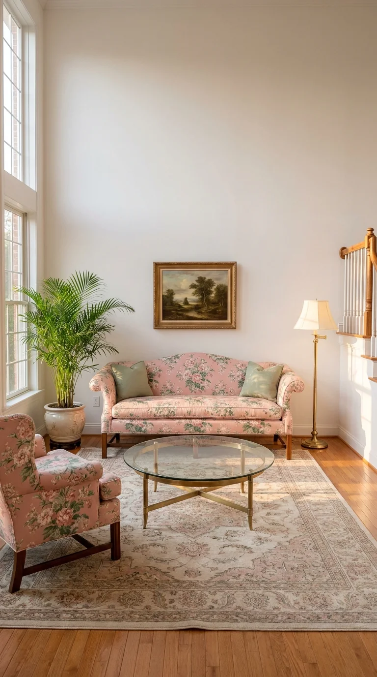 Traditional preppy living room with a pink floral chintz sofa and matching wingback chair, a brass and glass coffee table, and an antique oriental rug
