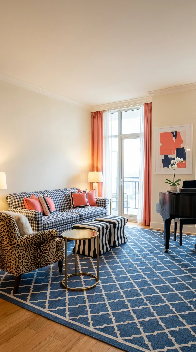 Bold preppy living room mixing a navy gingham check sofa, a leopard print armchair, black-and-white striped ottomans, and coral curtains beside a grand piano