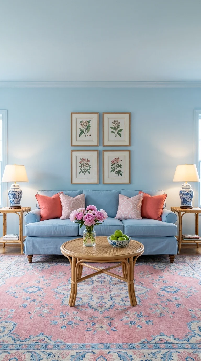 Nantucket-style preppy living room with a sky blue sofa, coral and pink pillows, ginger jar lamps, botanical prints, and a pink medallion rug