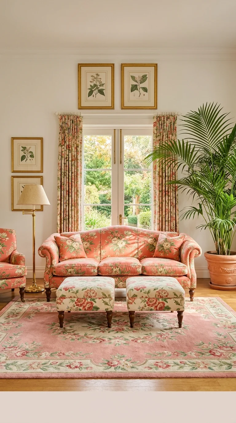 English country preppy living room with a coral floral chintz sofa and ottomans, matching floral drapery, gold-framed botanical prints, and a floral pink rug