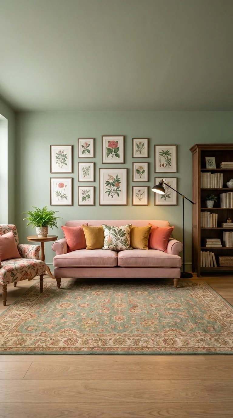 Grandmillennial preppy living room corner with a blush pink velvet sofa, floral armchair, a large botanical gallery wall, sage green walls, and a wooden bookcase
