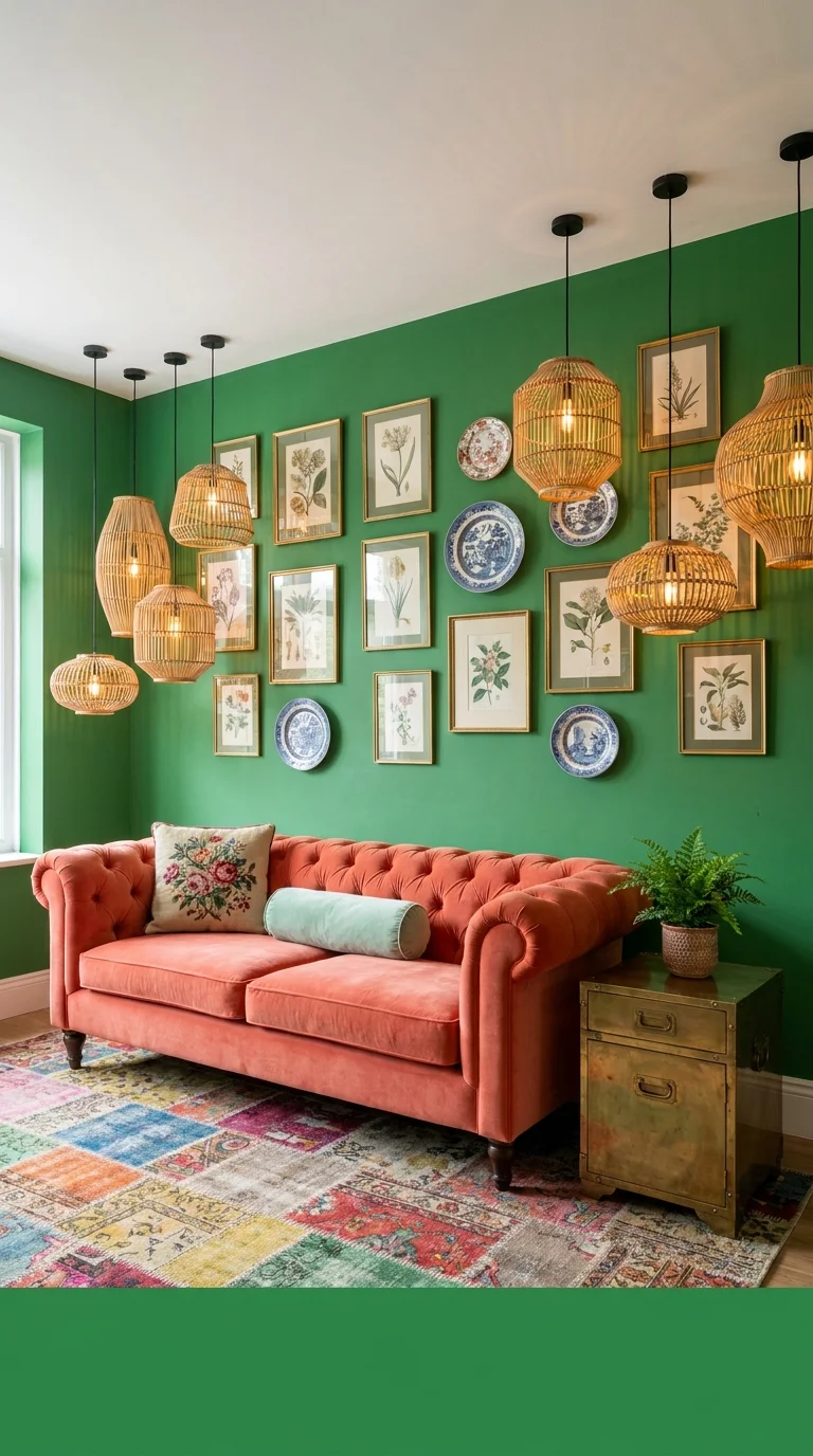 Maximalist preppy living room with a coral tufted chesterfield sofa against kelly green walls, an eclectic gallery wall mixing botanical prints and blue-and-white plates, and woven pendant lanterns