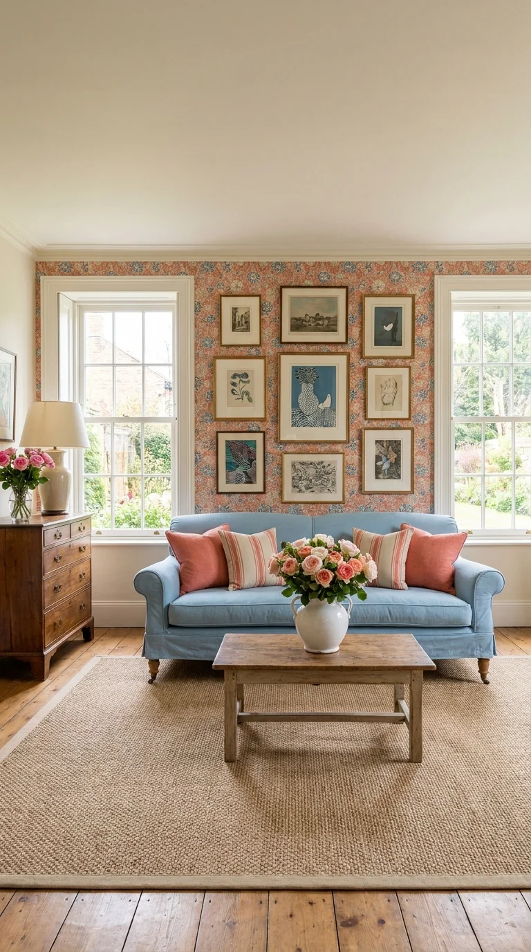 English cottage preppy living room with a powder blue slipcovered sofa, coral and white stripe pillows, a floral wallpaper feature wall behind a nine-piece gallery, and fresh roses on the coffee table