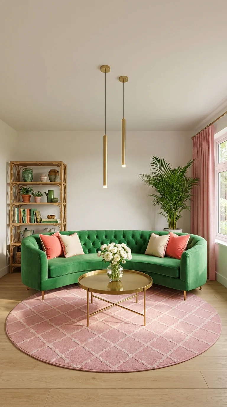 Modern preppy living room with a curved emerald green channel-tufted sofa, a round blush pink rug, brass pendant lights, and a rattan bookshelf