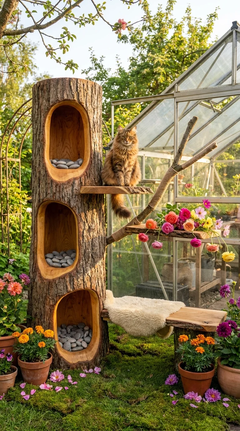 Carved log cat tower with stone-lined dens beside a garden greenhouse