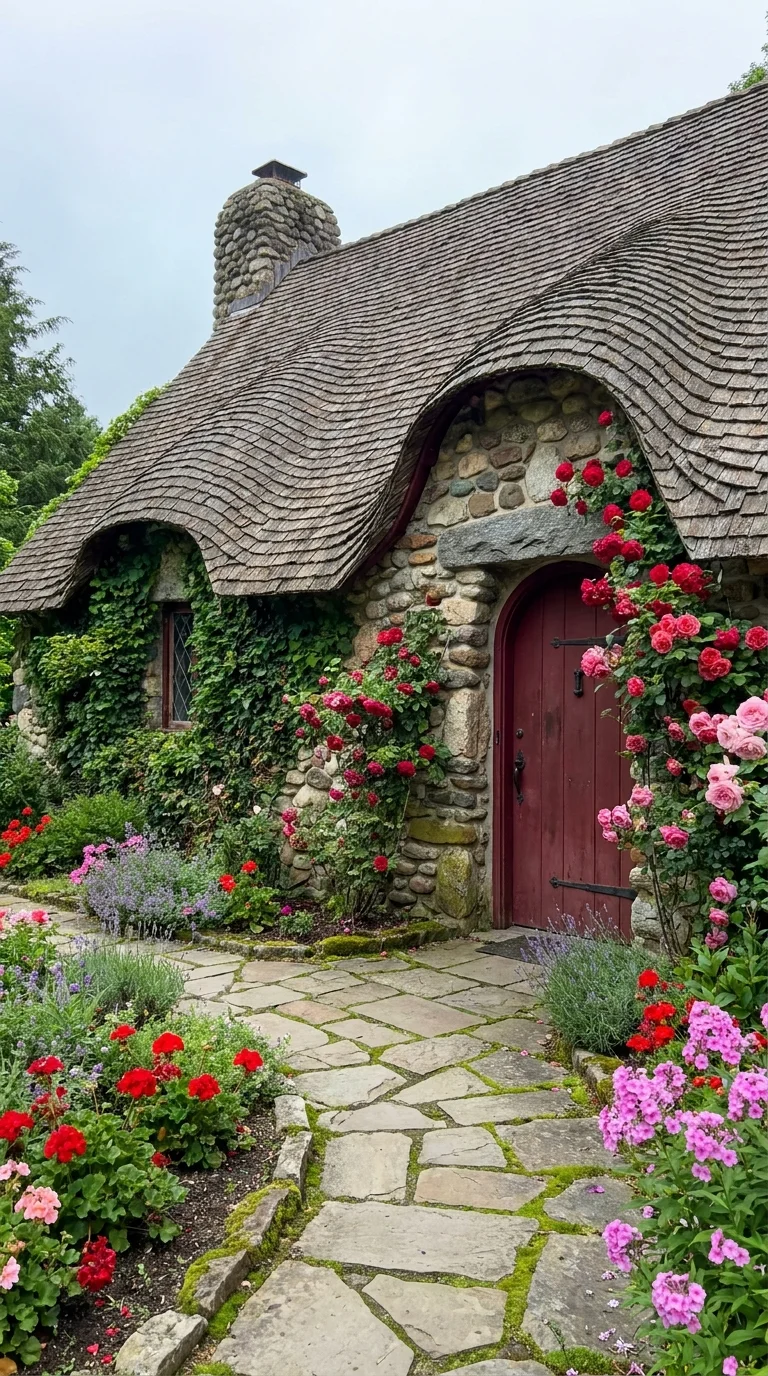 Stone cottage with a curved cedar-shingle roof and red arched door