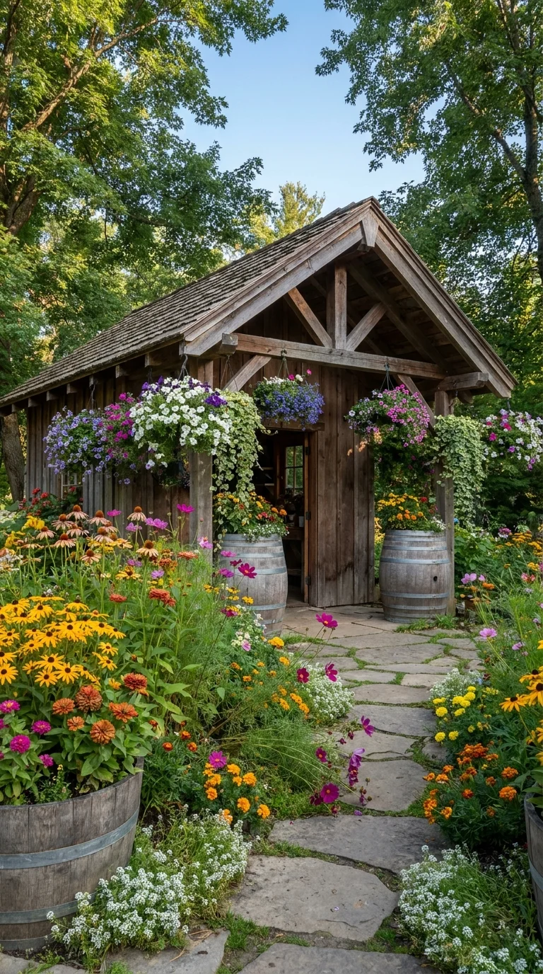 Rustic timber shed flanked by hanging flower baskets and a wildflower path