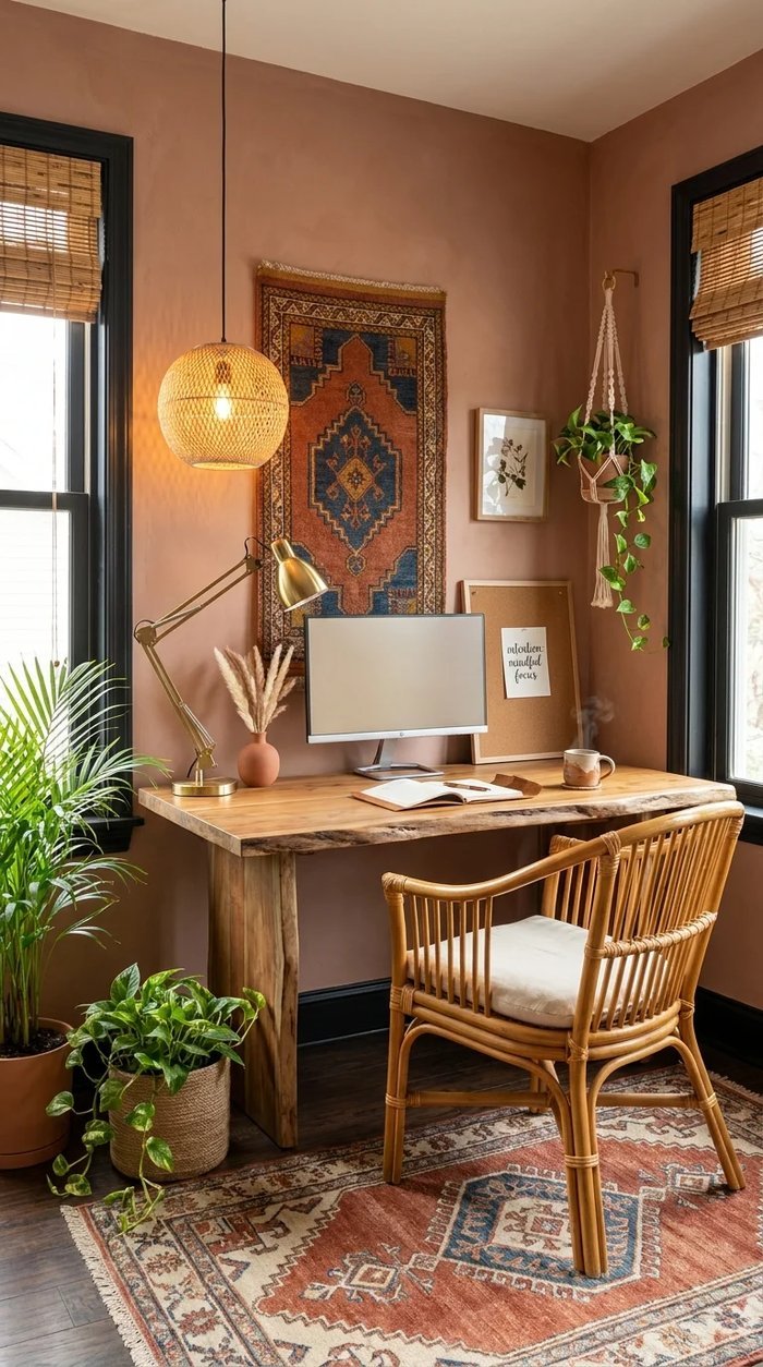 Boho home office corner with a live-edge wood desk, rattan barrel chair, and a vintage rug hung as wall art