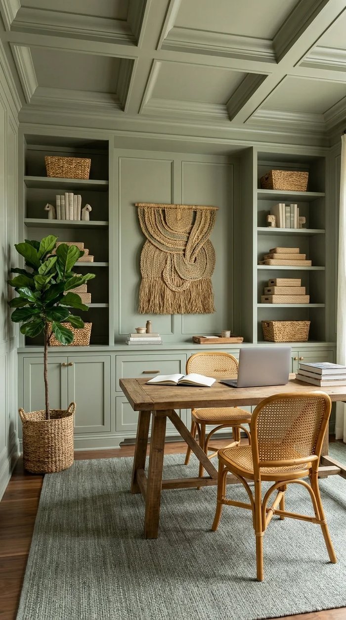 Sage green home office with coffered ceiling, built-in millwork, and a jute knot wall sculpture above a trestle table