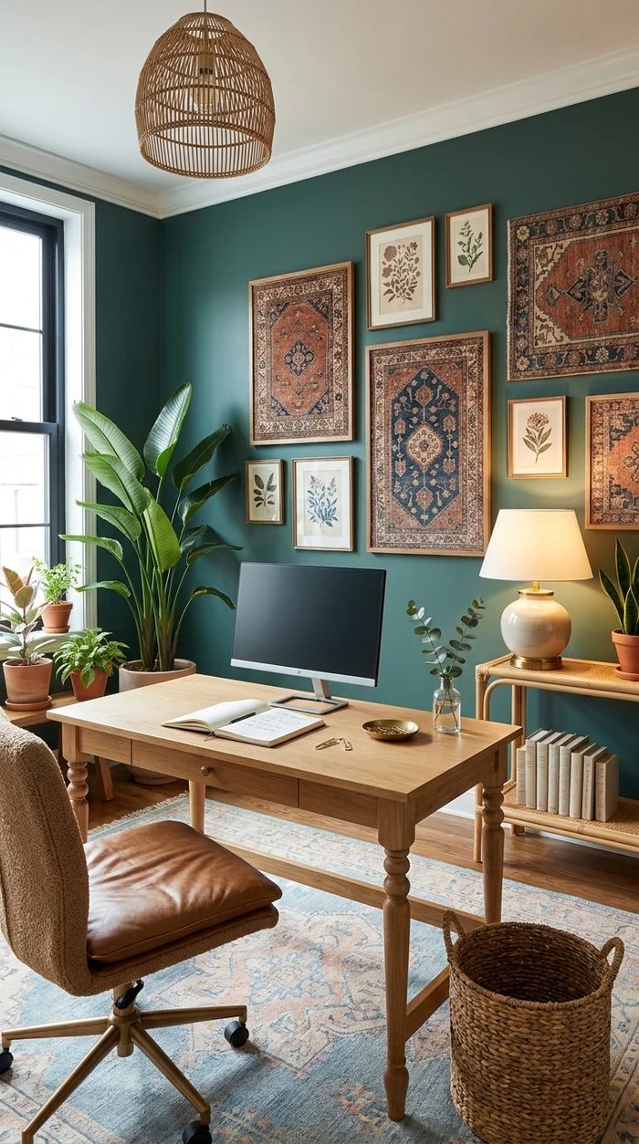 Deep teal boho home office with a gallery wall of framed vintage rug fragments above a light wood desk