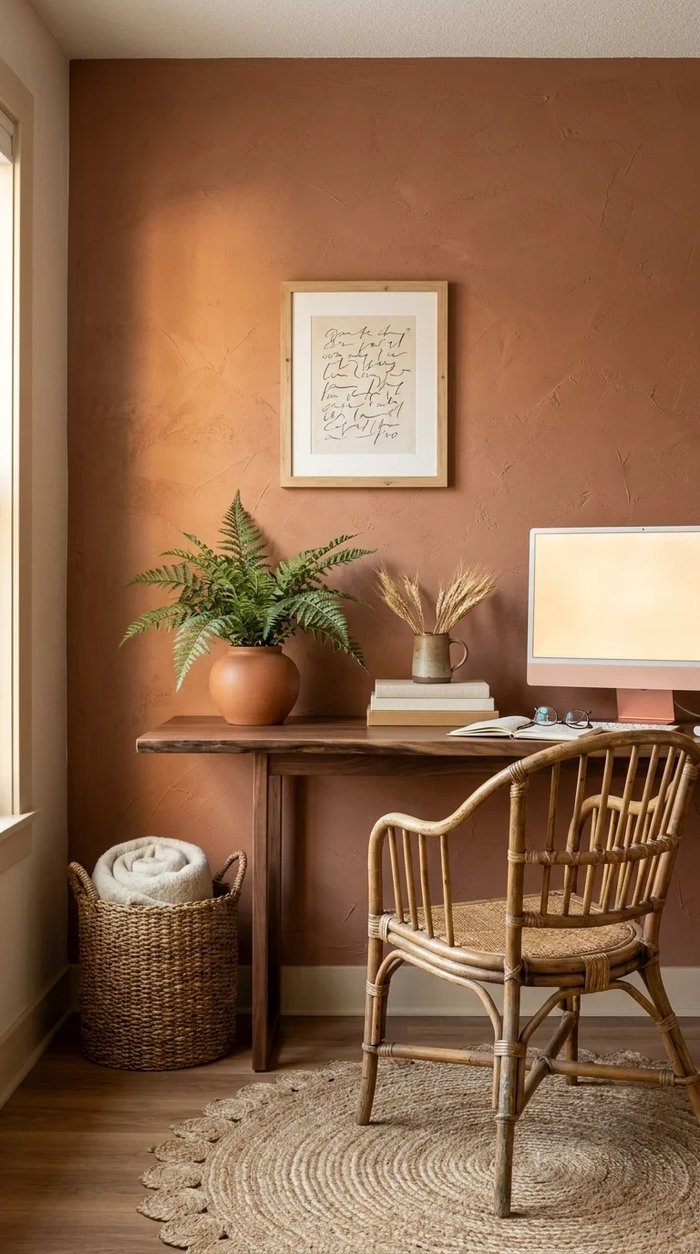 Minimalist boho home office with a textured terracotta plaster wall, dark wood desk, and single framed print