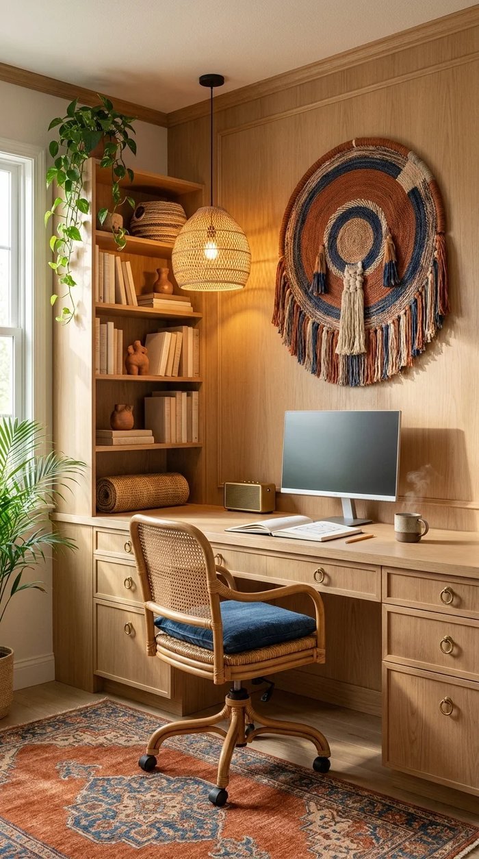 Built-in wood home office cabinetry with a circular woven wall hanging and cane office chair with navy cushion