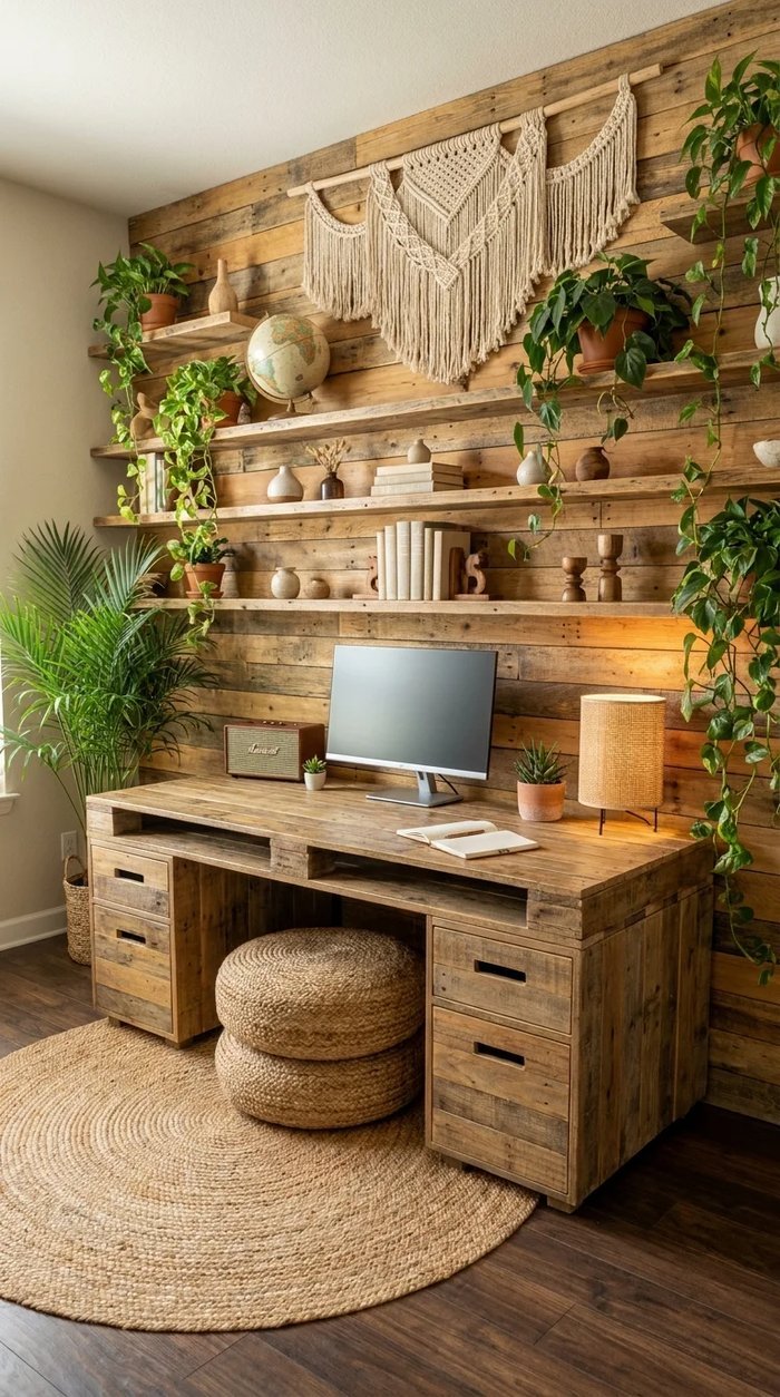 Rustic boho home office with a reclaimed pallet wood accent wall, open shelving, and stacked jute poufs