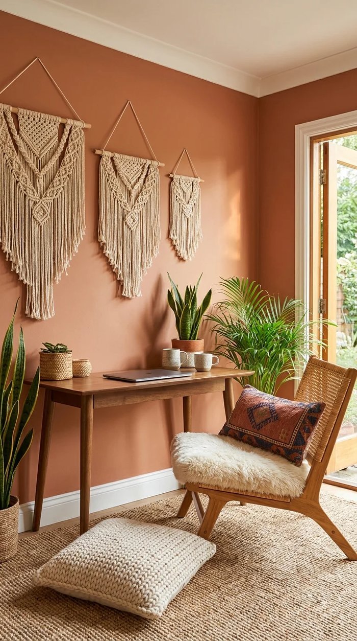 Terracotta boho office nook with three graduated macrame wall hangings and a rattan lounge chair by French doors