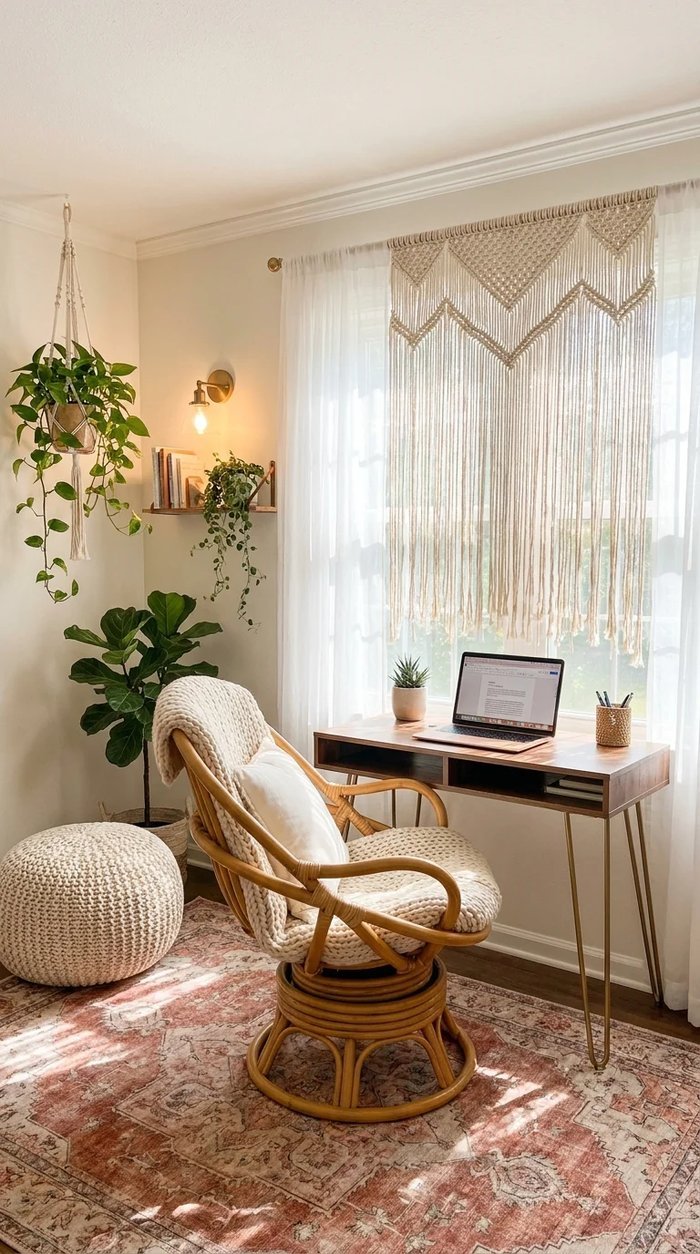 Bright boho home office with a large chevron macrame window curtain and a rattan swivel chair by sheer drapes