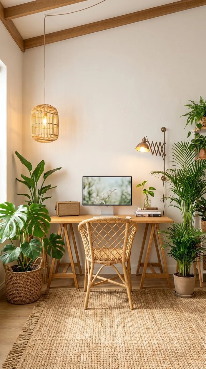 Airy home office with vaulted wood beam ceiling, rattan pendant light, and dense green plants around a sawhorse desk