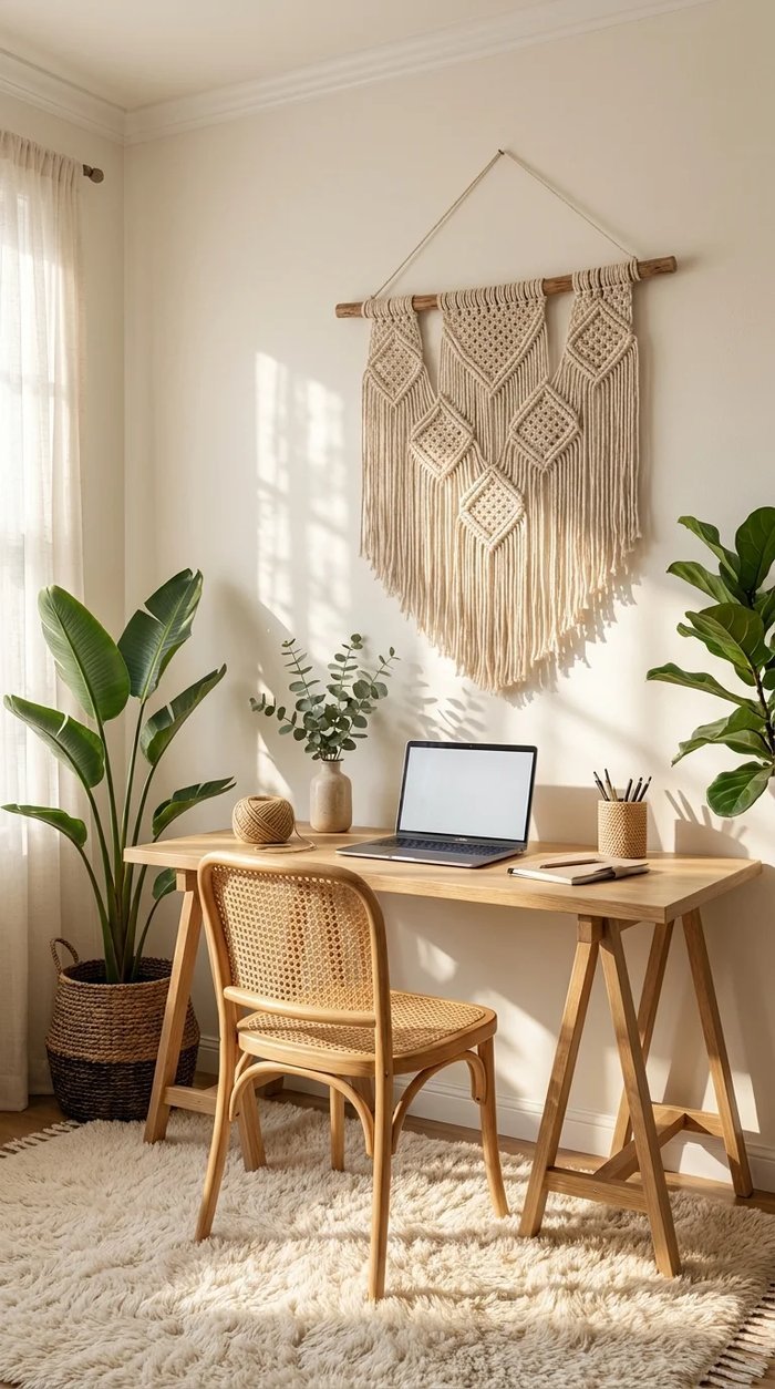 Soft neutral boho home office with a thick shag rug, sawhorse-leg desk, and cane-back chair by sheer curtains