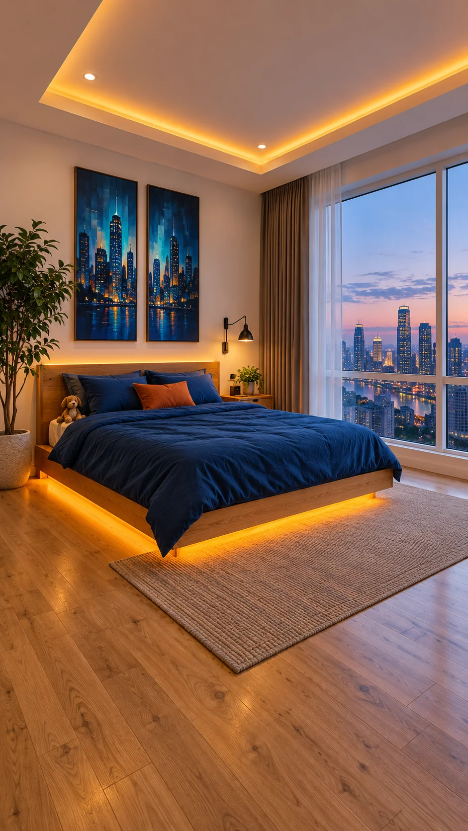Navy bedding on an oak platform bed with warm amber underglow and skyline paintings