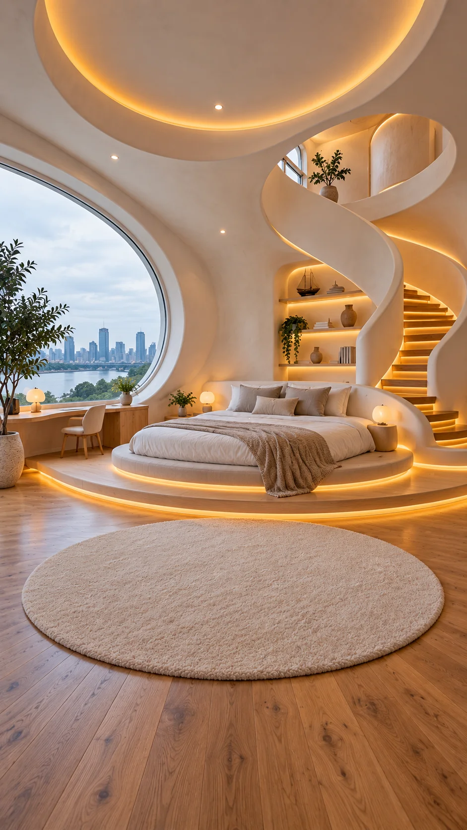 Round platform bed with glowing edge beside a lit spiral staircase and shelves